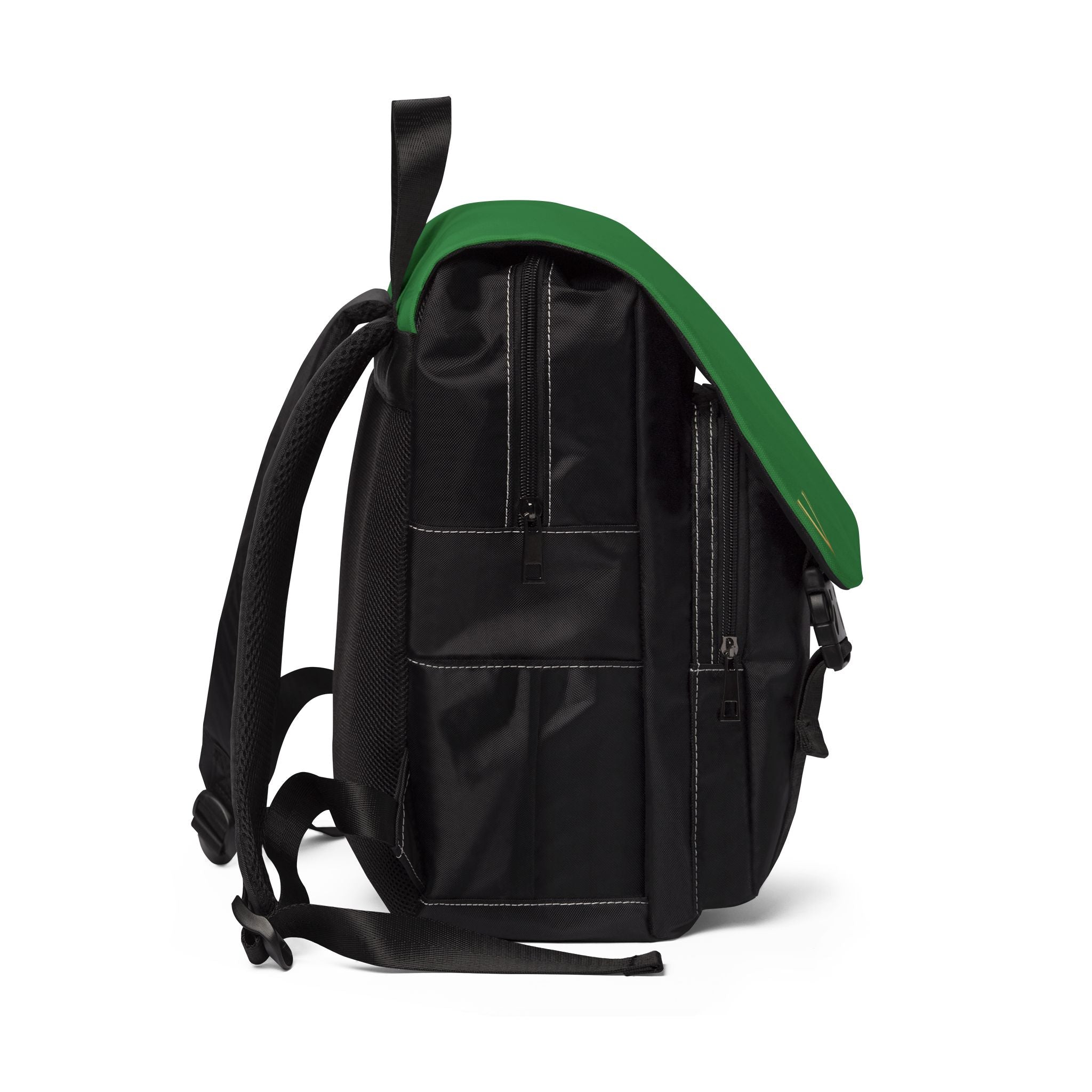 Green Flap Casual Backpack — Minimal Gold 'V' Accent