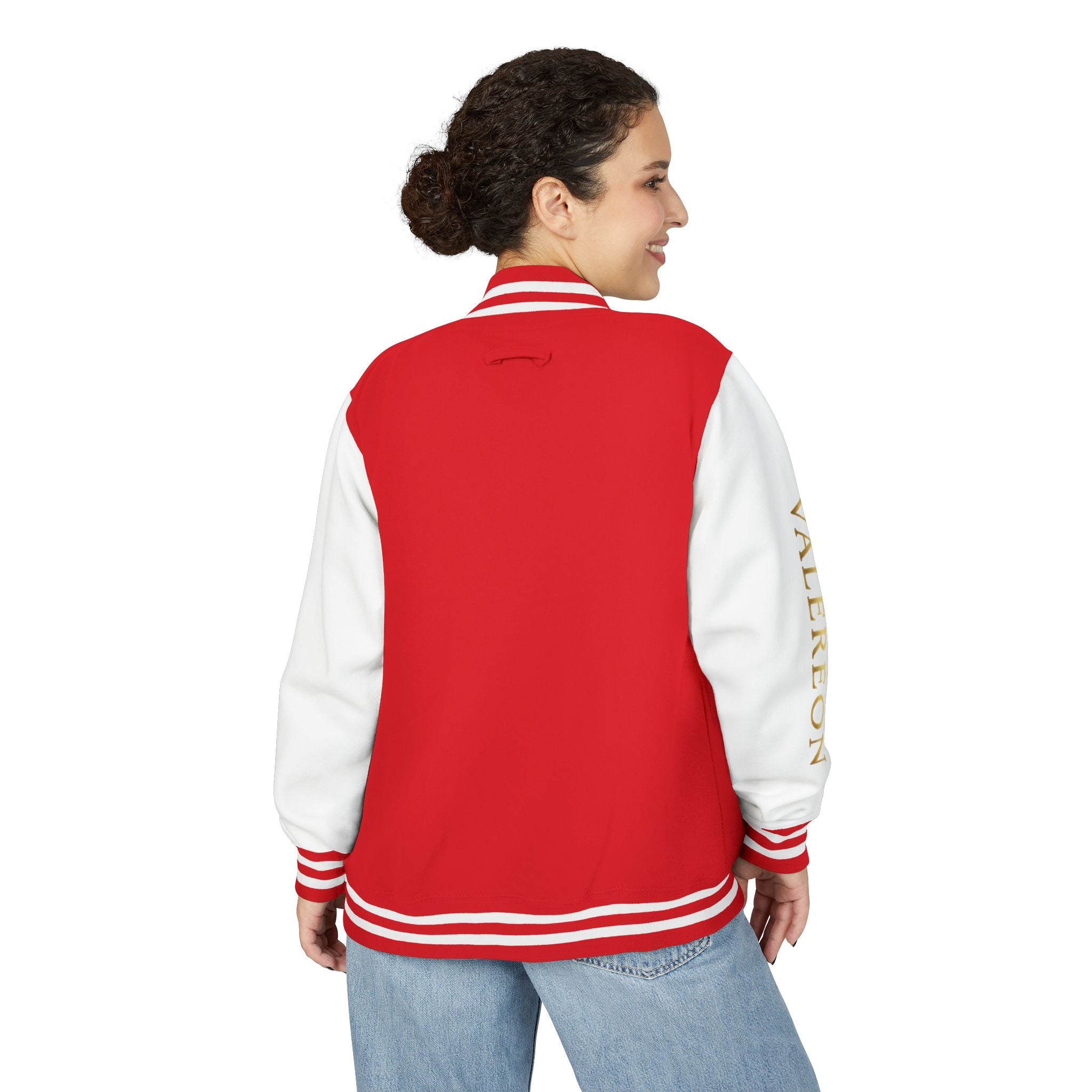 Letterman Jacket — Red & White Varsity Jacket with GOLD "VALERJON" Sleeve