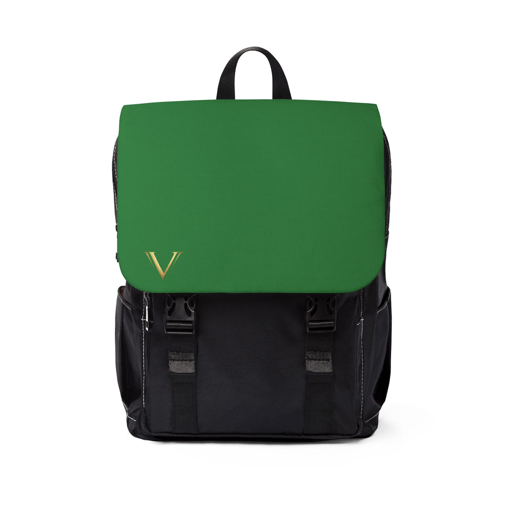Green Flap Casual Backpack — Minimal Gold 'V' Accent
