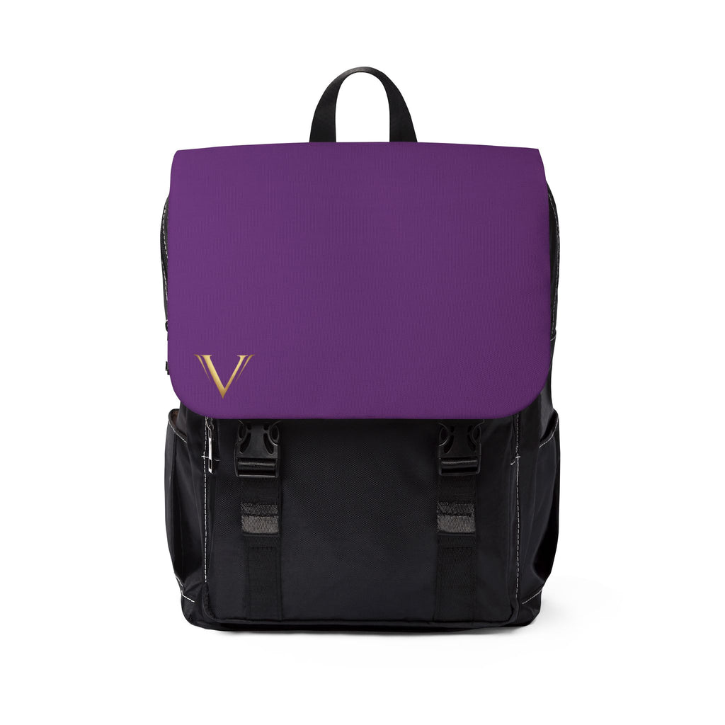 Purple Monogram Flap Backpack - Casual Shoulder Rucksack with Gold 'V' Accent