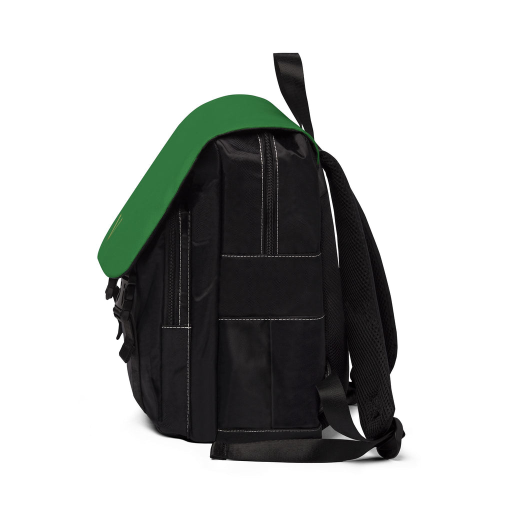 Green Flap Casual Backpack — Minimal Gold 'V' Accent